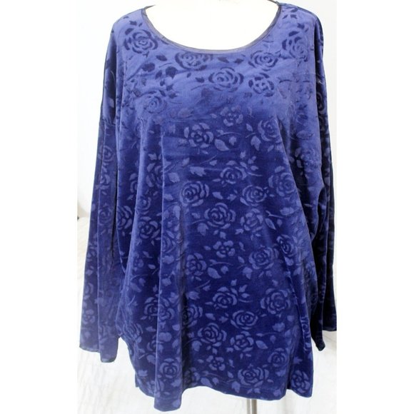 Extra Shenanigans Blue Embossed Velvet Rose Blouse Women's 3X Holiday Party - Picture 2 of 9